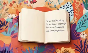 Otwarta książka z wierszykiem dla cioci na tle kolorowych kwiatów. "Nie ten, kto z Tobą tańczy, lecz ten, co z Tobą płacze, jest Twoim przyjacielem.
