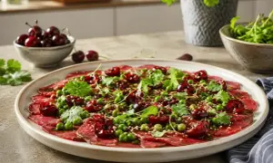 Wykwintne carpaccio z gęsi z wiśniami, groszkiem i kolendrą, posypane sezamem.