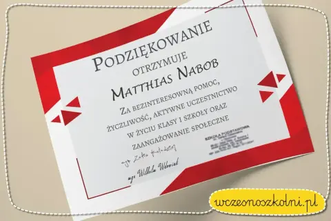 Dyplom z podziękowaniami dla Matthiasa Nabob za pomoc i zaangażowanie. Krótkie podziękowania dla nauczyciela.