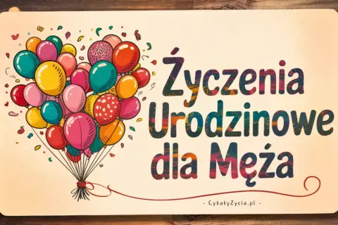Kolorowe balony unoszą się nad napisem "Życzenia Urodzinowe dla Męża". Idealne, by pomyśleć, czego życzyć na urodziny.
