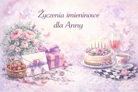 Piękne życzenia urodzinowe dla Anny. Bukiet róż, tort ze świeczkami, koszyk truskawek i prezent.
