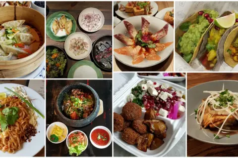 Kolorowe dania, idealne na menu na chrzciny: pierożki, tacos, sałatki, pad thai, ryby i falafel.