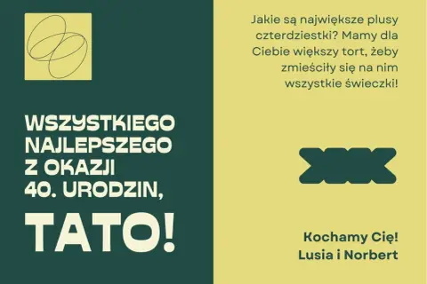 Grafika z napisem "Wszystkiego najlepszego z okazji 40. urodzin, Tato!" i zabawnym tekstem.