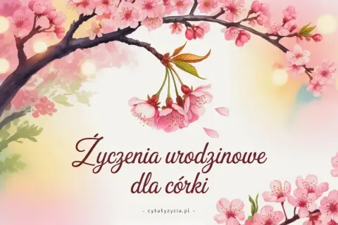 Kwiaty wiśni i delikatne światła tworzą tło dla wzruszających życzeń urodzinowych dla córki.