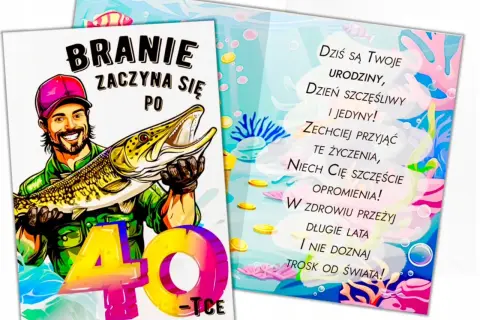 Wesołe śmieszne życzenia urodzinowe dla wędkarza z okazji 40. urodzin. Niech ryby same wpadają w sieć!