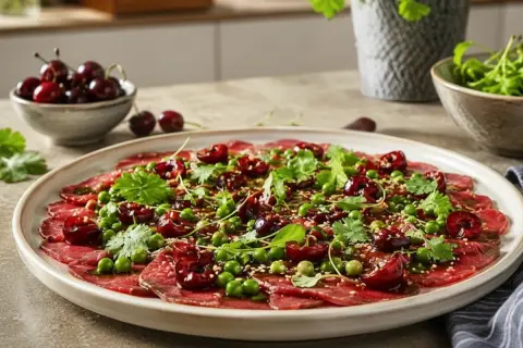 Wykwintne carpaccio z gęsi z wiśniami, groszkiem i kolendrą, posypane sezamem.