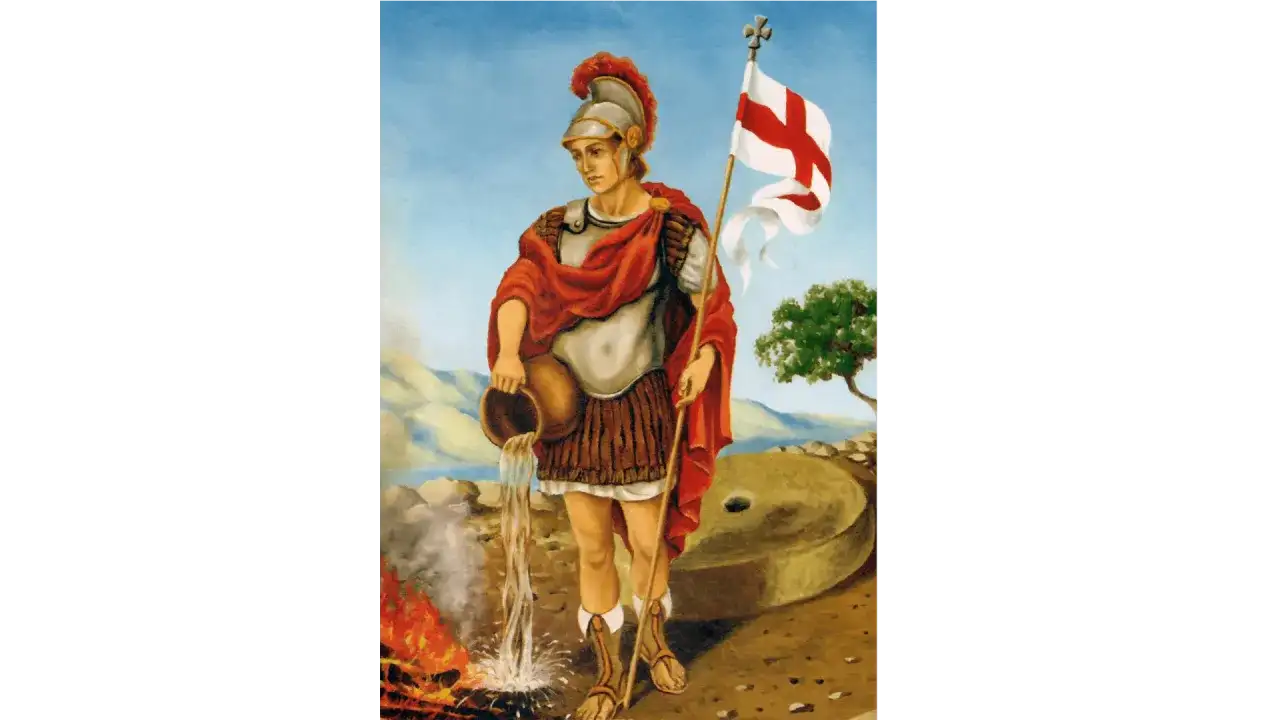Św. Florian, patron strażaków, gasi płomienie wodą z dzbanka, symbolizując swoją odwagę i pomoc w obliczu ognia.
