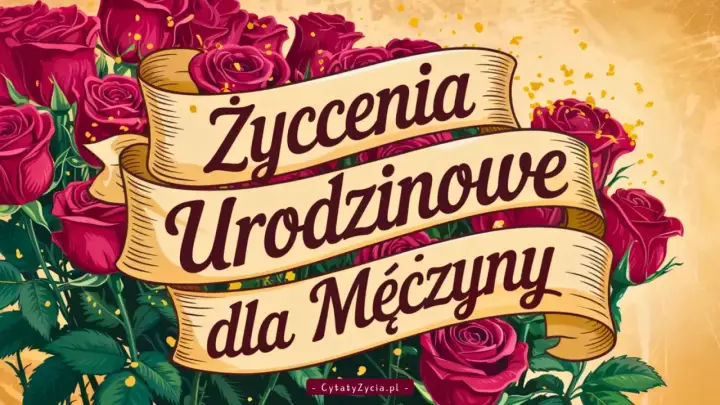 W bukiecie czerwonych róż, na złotej wstędze napis: "Życzenia urodzinowe dla Mężczyzny".